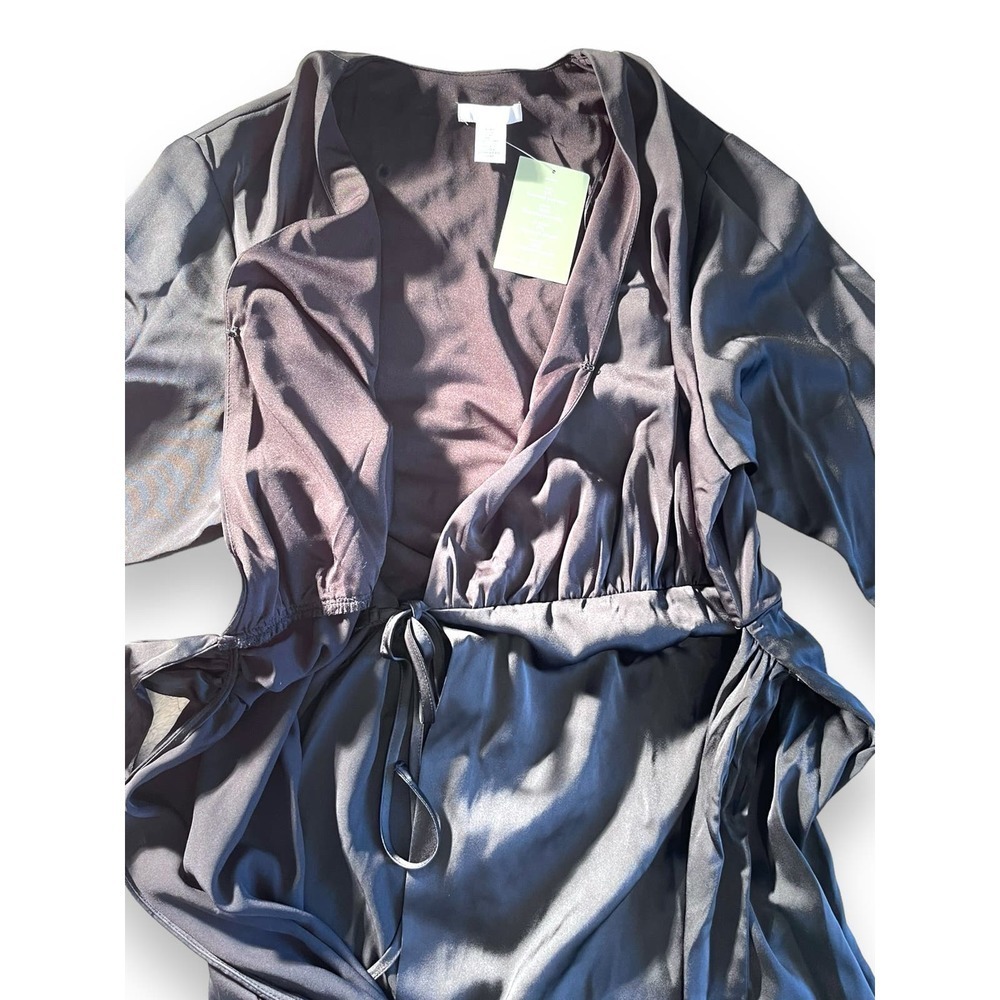 NWT H&M Satin Maxi Wrap Front Long Sleeve Oversize Relax Dress Women's Black S - Picture 4 of 12